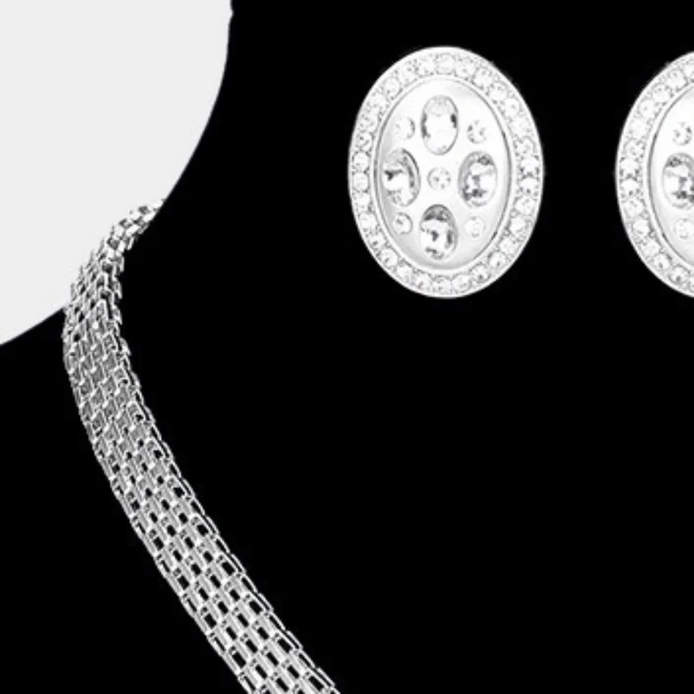 Silver 3 Piece Oval Pendant Marquise Rhinestone Trim Necklace Formal Jewelry Set